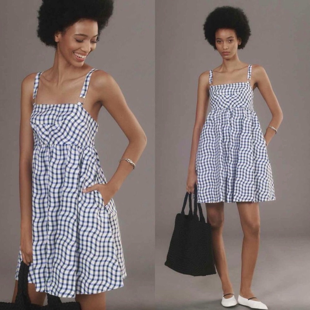 Maeve Anthropologie Sleeveless Babydoll Gingham Romper Blue Sz XLP - Picture 2 of 9